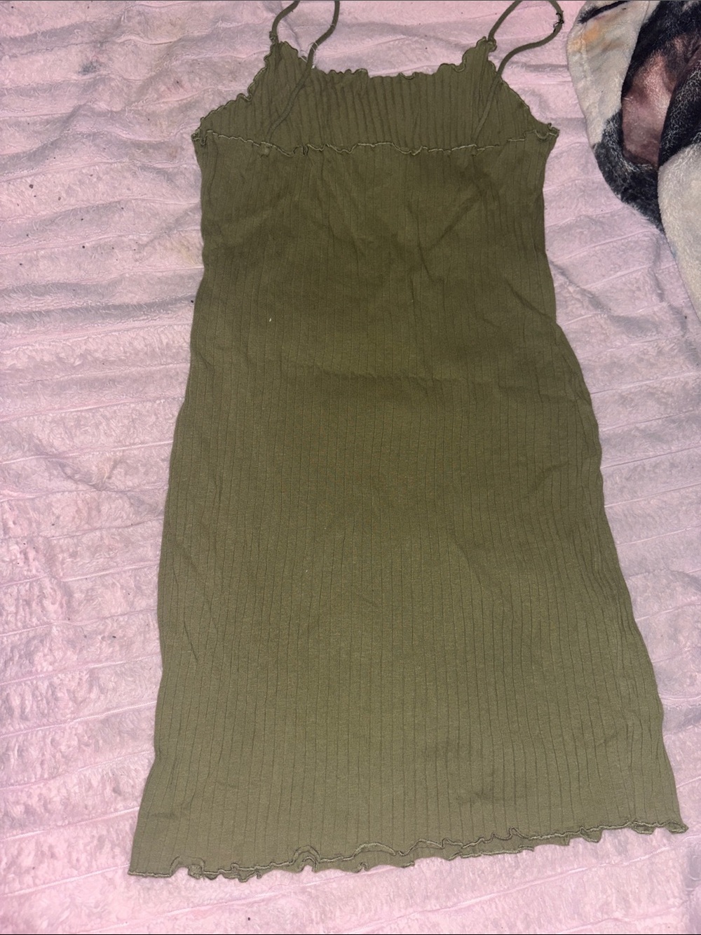 Slim Ribbed Olive Green Spaghetti Strap Mini Dress